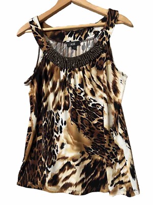 AGB Top L Stretch Knit Leopard Print Wood Beads Neckline Sleeveless Shirt Blouse