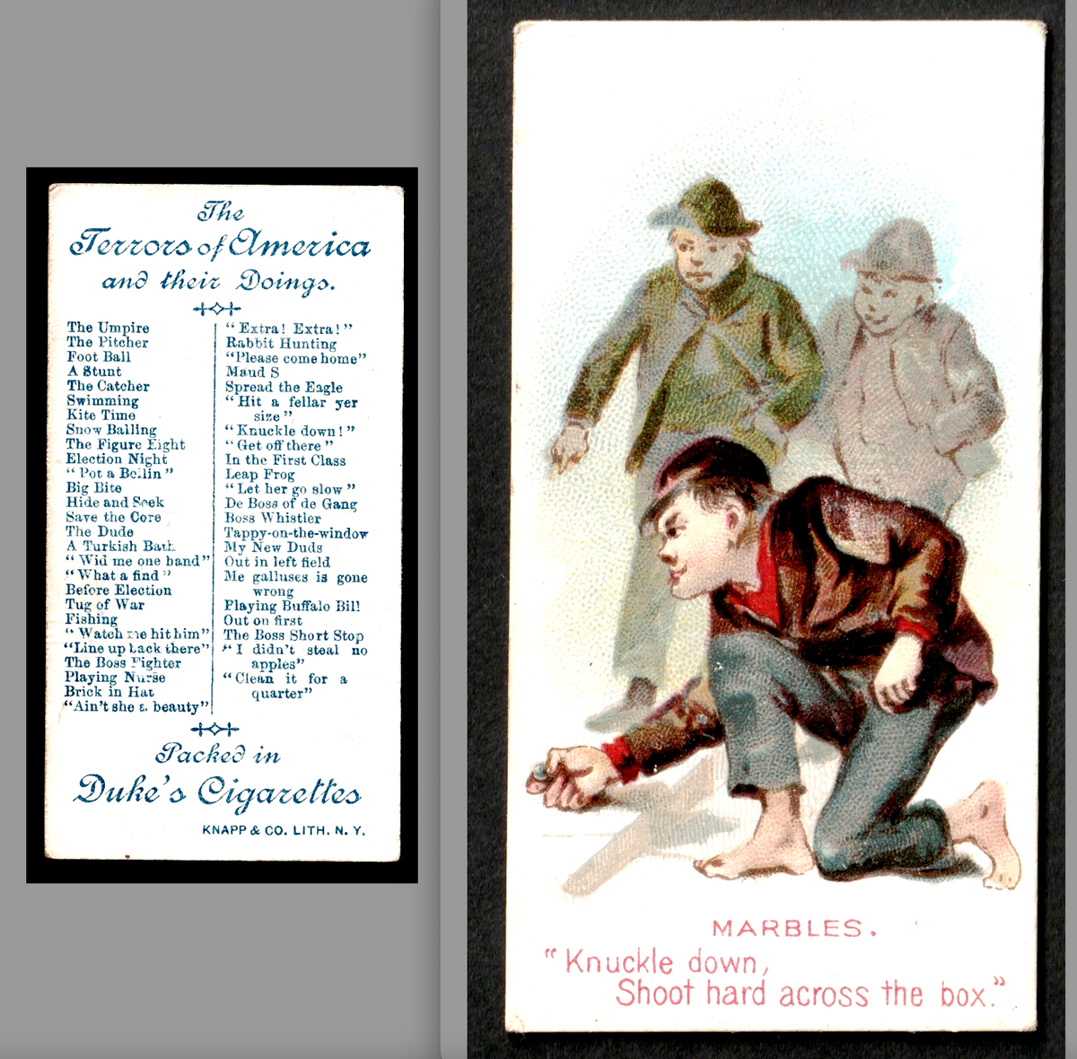 N88 Dukes Cigarette Shoot Marbles Terrors of America Tobacco Card c 1889  SR.ta.M