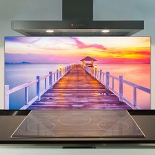 Glass Kitchen Splashback Tile Cooker Panel 100x50 Wooden Bridge at Sunrise
