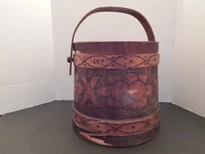 Vintage 10" Four Finger Firkin Bucket w. Lid & Handle; Carved Design on Exterior
