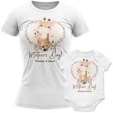 1st Mothers Day Giraffe T Shirt & Babygrow Set Personalised Matching Tops Mum