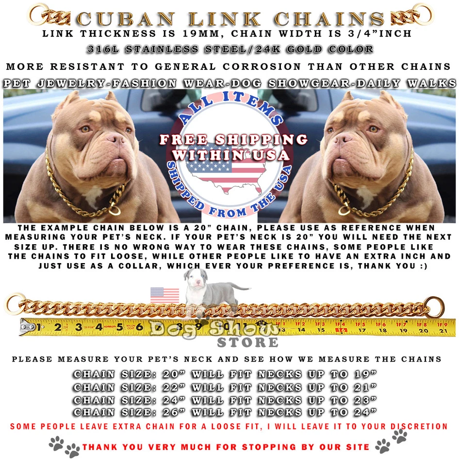 Gargantilla de oro para mascotas con eslabones cubanos 19 mm collar de exhibición de perros acero inoxidable 316L Foto 2 de 4