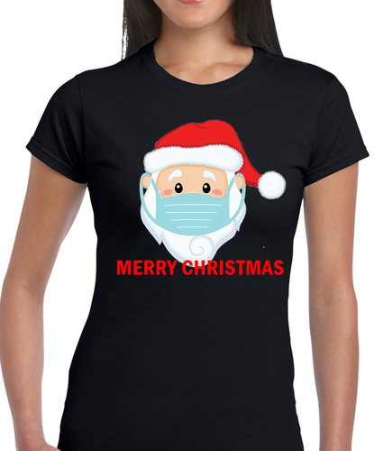 MERRY CHRISTMAS SANTA MASK LADIES T 