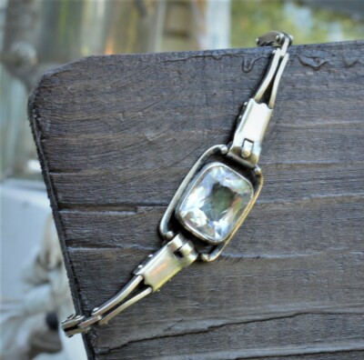 Rare Antique Rock Crystal Sterling Silver 875 women bracelet big Stone rhineston