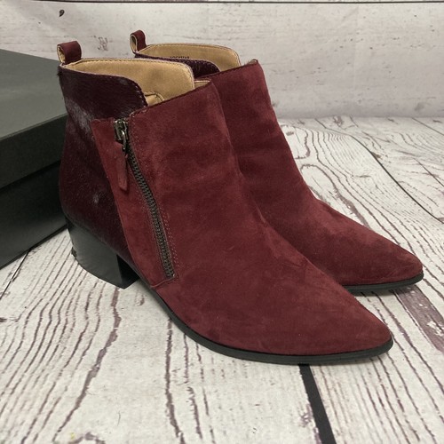 Tahari Rockstar Ankle Bootie Womens Size 9M Wine Red Suede Fur Almond Toe
