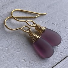 Min Favorit Smoky Amethyst Sea Glass Teardrop Gold Pl Artisan Wrap Earrings