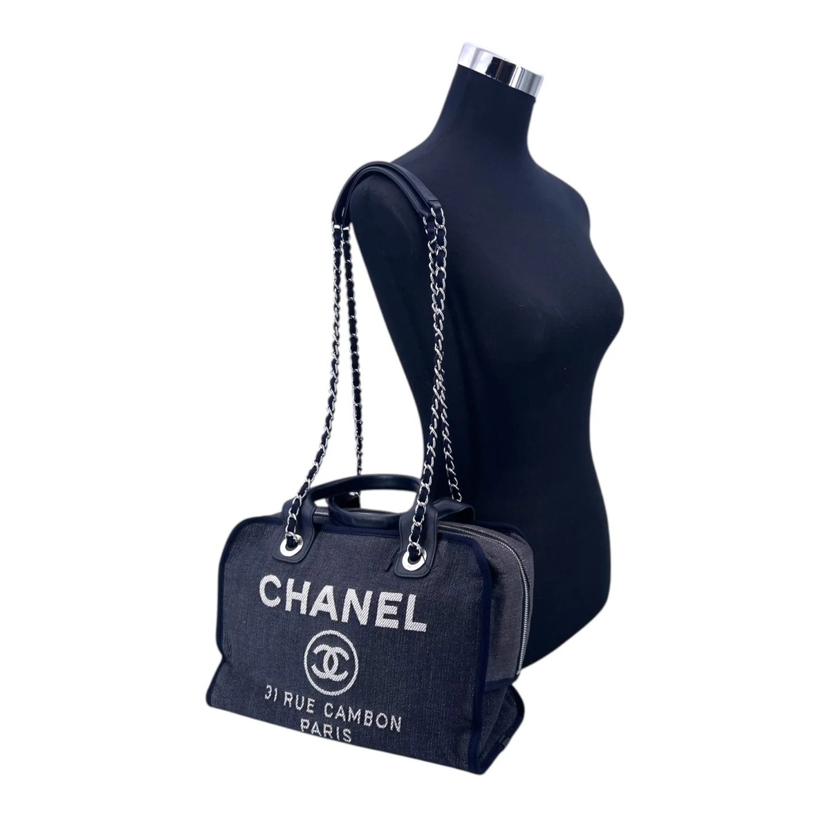 Authentic Chanel Blue Denim Canvas Deauville Bowling Bag with