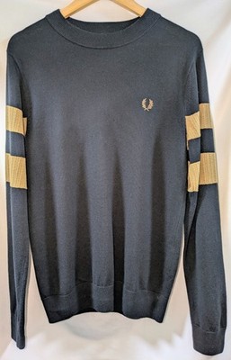Fred Perry Black Crew Neck Jumper S Gold Laurel Stripe Sleeve Wool Blend Sweater