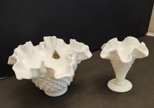 2 VINTAGE FENTON WHITE MILK HOBNAIL GLASS BOWLS - 1 SMALL AND 1 LARGE; RUFFLED