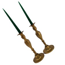 Brass Candlestick Holders With Classical Hexagonal Stem 11” Tall Vintage