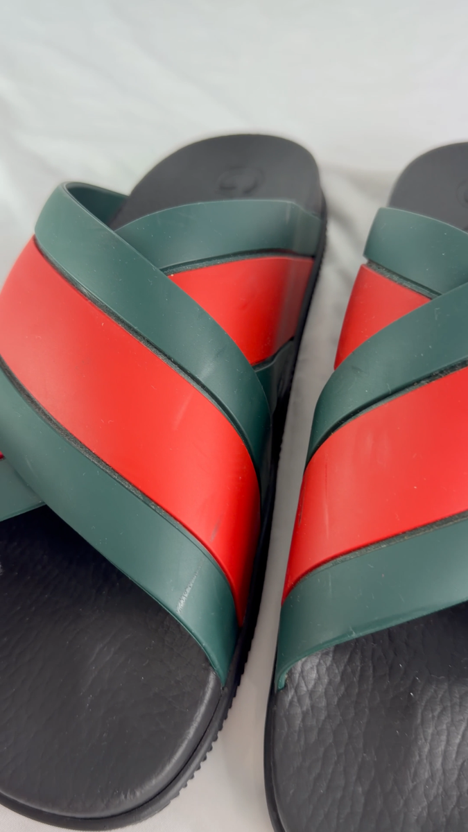 GUCCI 630326 Rubber Web Crisscross Slide Stripe Men's Sandal 9
