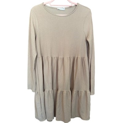 Lush Tan Beige Waffle Knit Tiered Babydoll Dress Long Sleeve Womens Small S