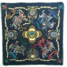 GUCCI Large Wool Scarf Black Green Orange Gray Blue 52.36 in x 52.36 in From JP