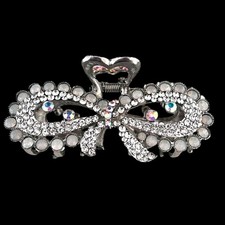Vintage 1980s Hair Clip Silver Tone Crystal Bow Statement Barrette - 11Q