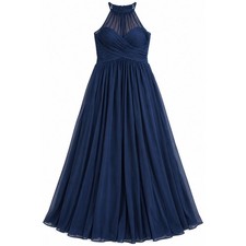 Azazie Womens Size 10 Navy Blue Chiffon Halter Maxi Bridesmaid Formal Dress