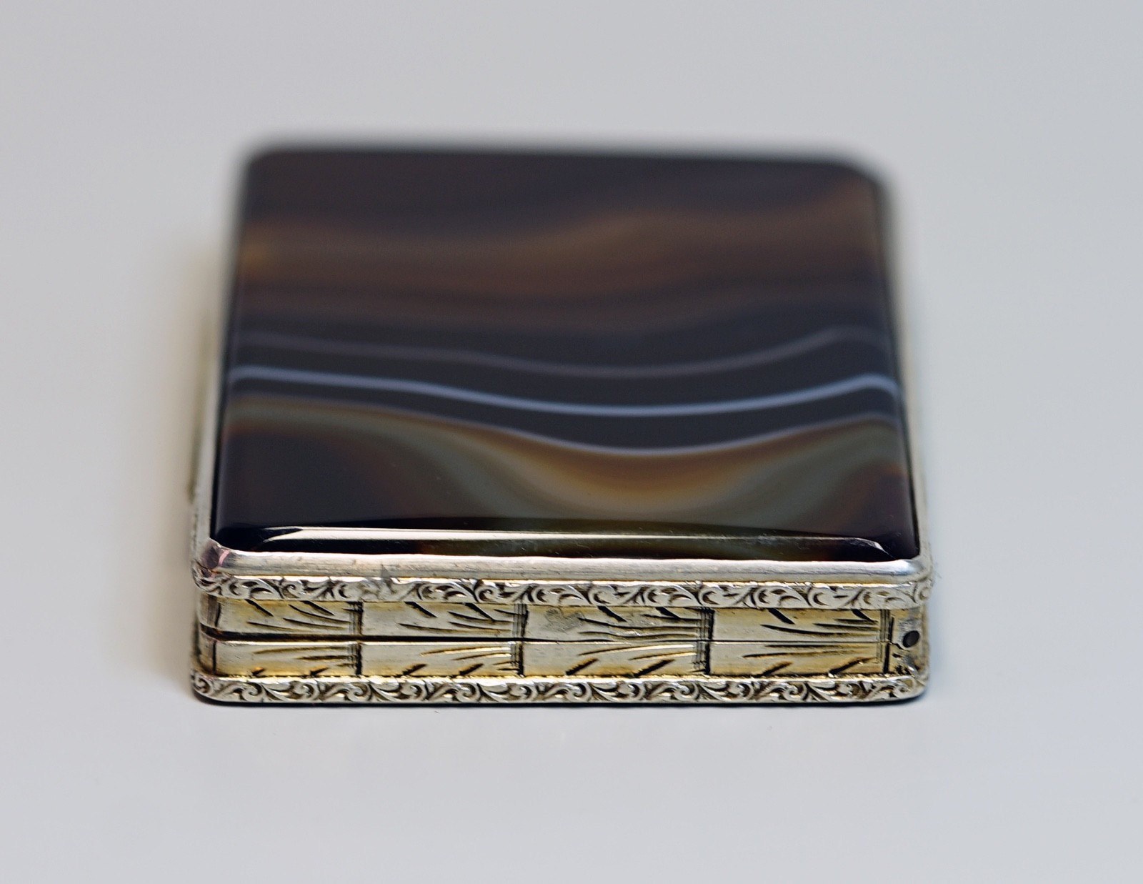 19c.Russian 84 Silver Banded Agate K.Faberge Business Card Box Case Foliate Back