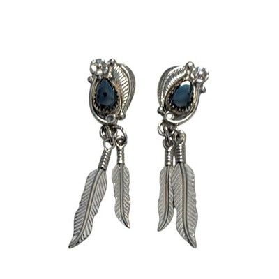 Southwest Vintage Sterling Silver 925 Feather Drop Earrings Dangle Hematite Post