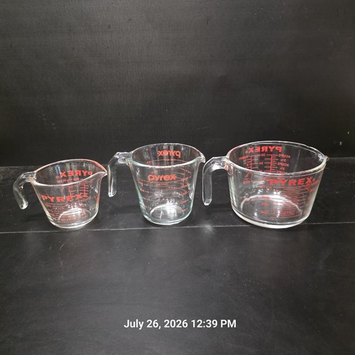 Vintage Pyrex Glass Measuring Cups Set 1 2 4 Cup Red Lettering Metric USA