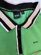 BOSS Slim Fit Polo Shirt Green Men's L Short Sleeve Cotton Logo Solid Trim
