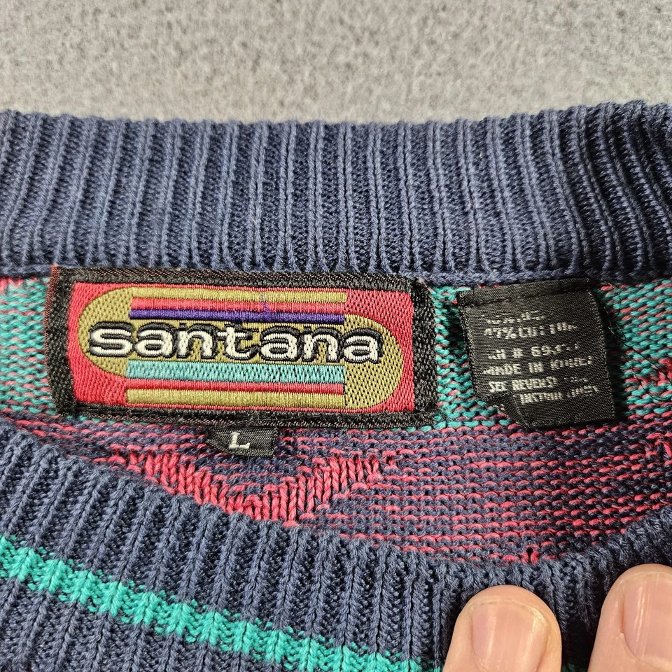 Suéter masculino vintage Santana grande vermelho azul-petróleo gola redonda malha asteca sudoeste anos 90 - Imagem 4 de 4