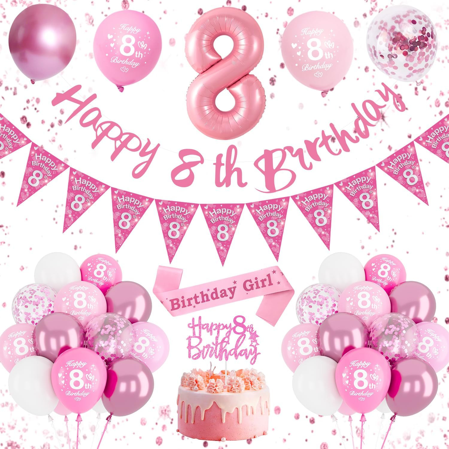 Pink 8Th Birthday Decorations - Balloons, Banner & Cake Topper for Girls