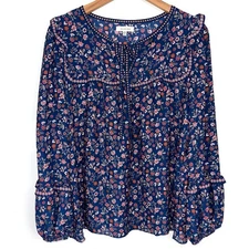 Max Studio Crepe Peasant Floral Ruffle Long Sleeve Front Tie Top Size Medium