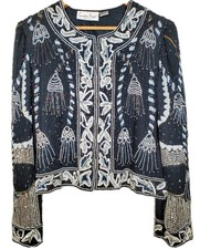 VTG Laurence Kazar Beaded Sequins Tassel Design Silk Black Jacket Blazer Size XL