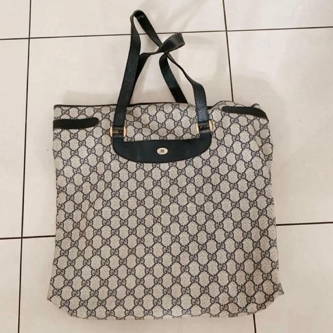 GUCCI GG Pattern Leather Tote Bag Beige/Black Vintage