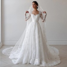 Lace Wedding Dress Sweetheart Long Sleeves Pearls Sweep Train A Line Bridal Gown