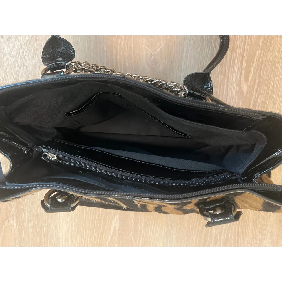 Bolso de Cuero Roberta Gandolfi Charol Cremallera Grande Pelo Cebra Cartera Negro Marrón Foto 3 de 4