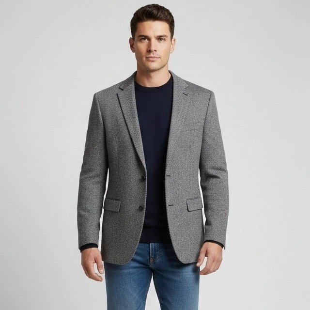 Vintage Herringbone Wool Blazer Jacket Men's Size 42R Gray Lambswool Sport Coat