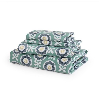 Green Floral Cotton Sheet Set Full, 300 Thread Count Printed Sateen Sheets, S...