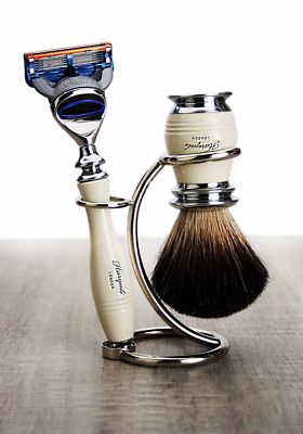 Ivory Color 3 Piece Men's Shaving Set. Badger Hair Brush, 5 Blade Razor & Stand