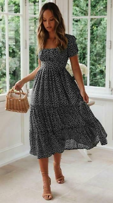 Summer Women's Vintage A-line Maxi Dress Short Sleeve Ruffle Pleated  Sundress | eBay