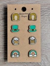 Hand Painted Laser Cut Wood Stud Earrings St. Patricks Day Set of 4 Pairs