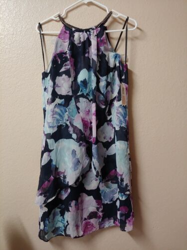 Jessica Simpson NWT NAVY MULTI Floral-Print Halter Dress w Necklace. Read below - Picture 3 of 7