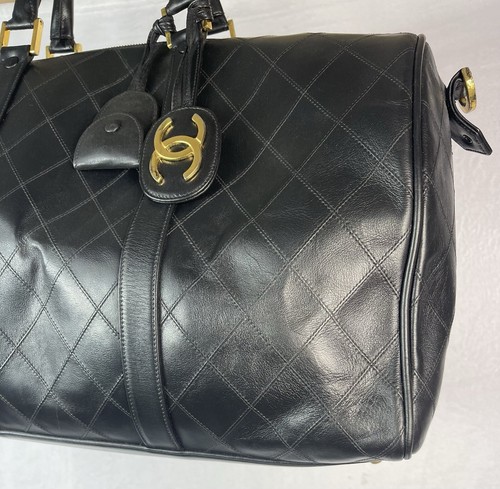 Authentic Chanel Black Quilted Lambskin Boston Duffle Bag with Strap VINTAGE 😍