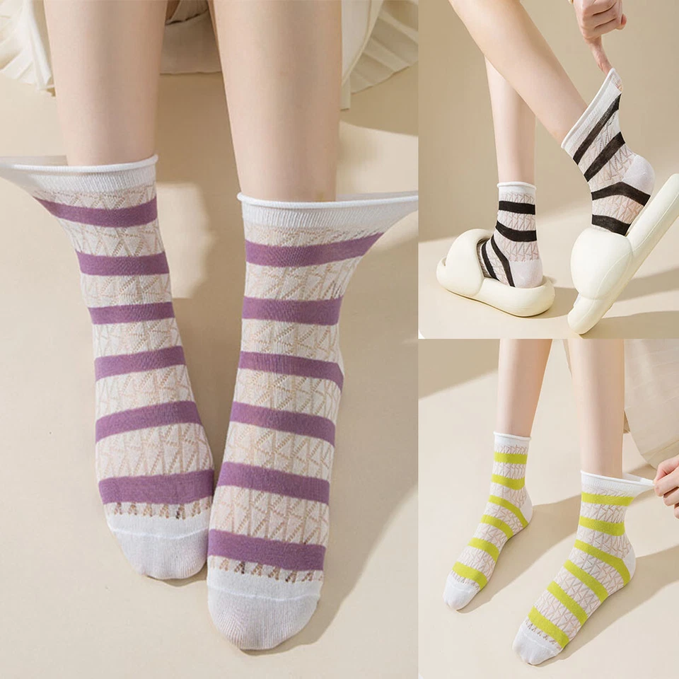 Meias listradas femininas meias para os pés meias de tornozelo meias de seda de vidro meias finas da moda - Imagem 3 de 4