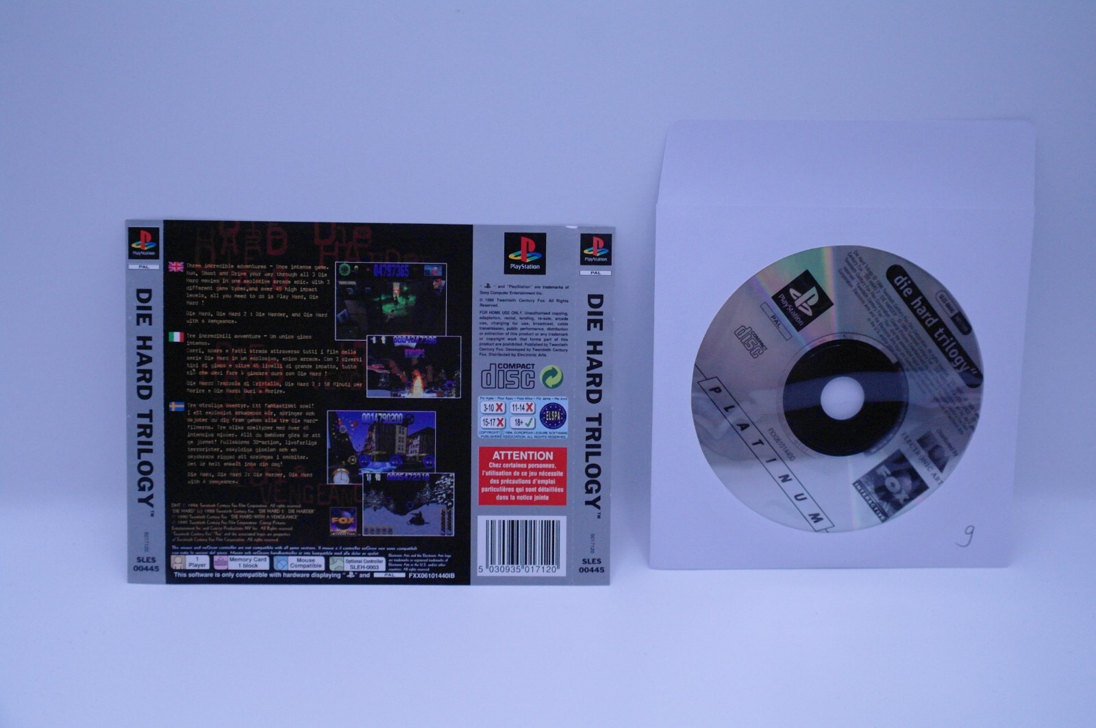 Die Hard Trilogy (PlayStation 1, 1996) - Disc and Rear Artwork