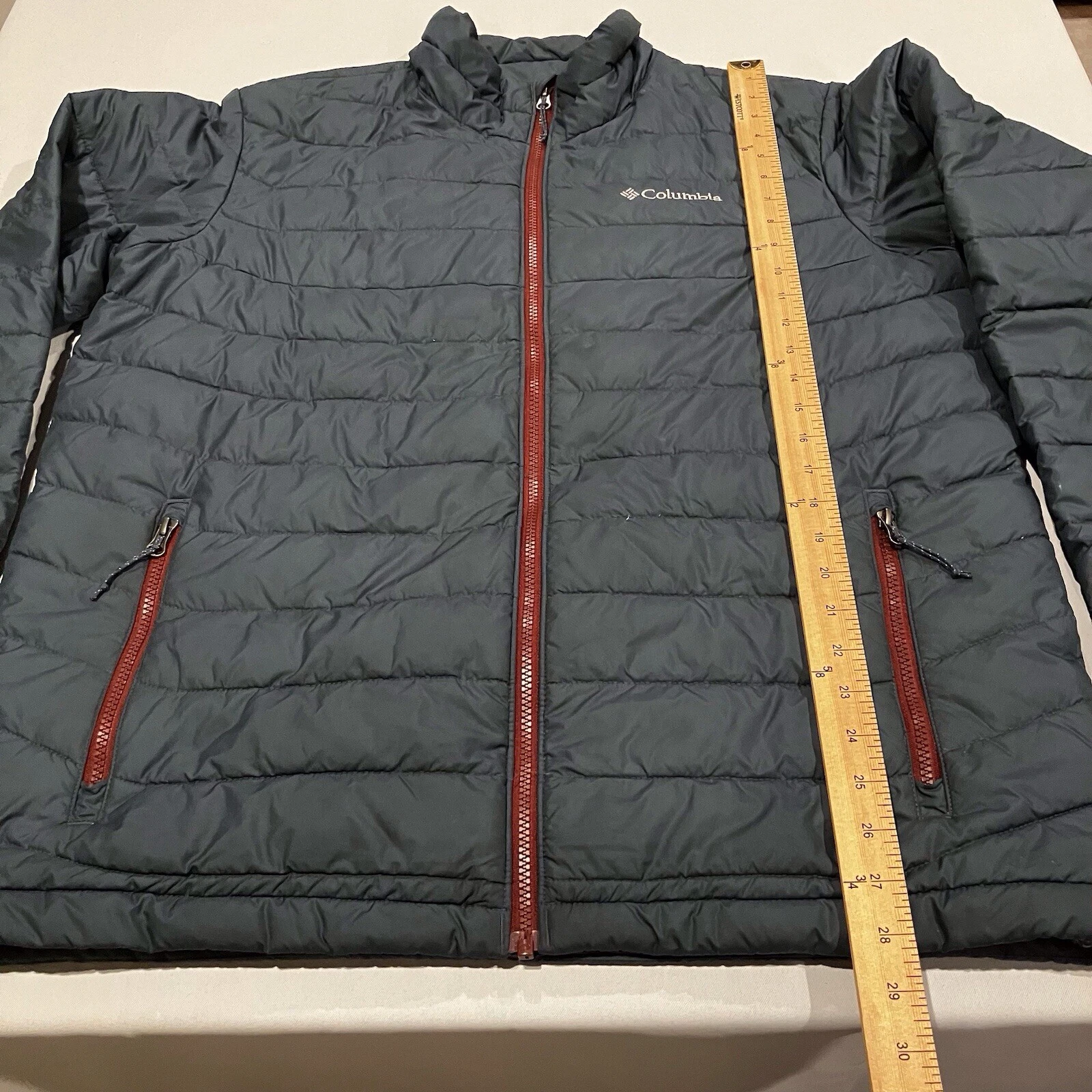 COLUMBIA Puffer Jacket Men Large Blue/Brown Zipper Accent Full Zip thermal Coil