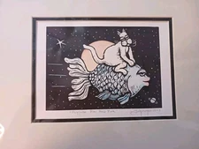 Flying Fin & Fur Cat & Fish Art Signed John Schirmer Woodcut Woodblock Print '03
