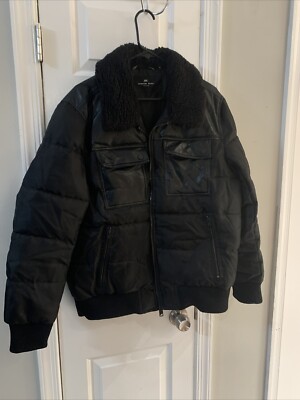 ANDREW MARC Beaumont Faux Shearling Collar Puffer Jacket Size M  Black