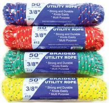 Braided Utility Rope 3/8" x 50' Polypropylene Fiber Strands Assorted Colors
