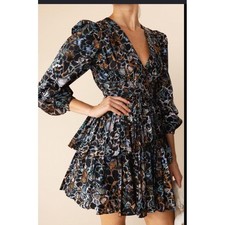 Ulla Johnson Silk Abstract Print Tiered Ruffle Mini Dress Long Puff Sleeve Sz 6