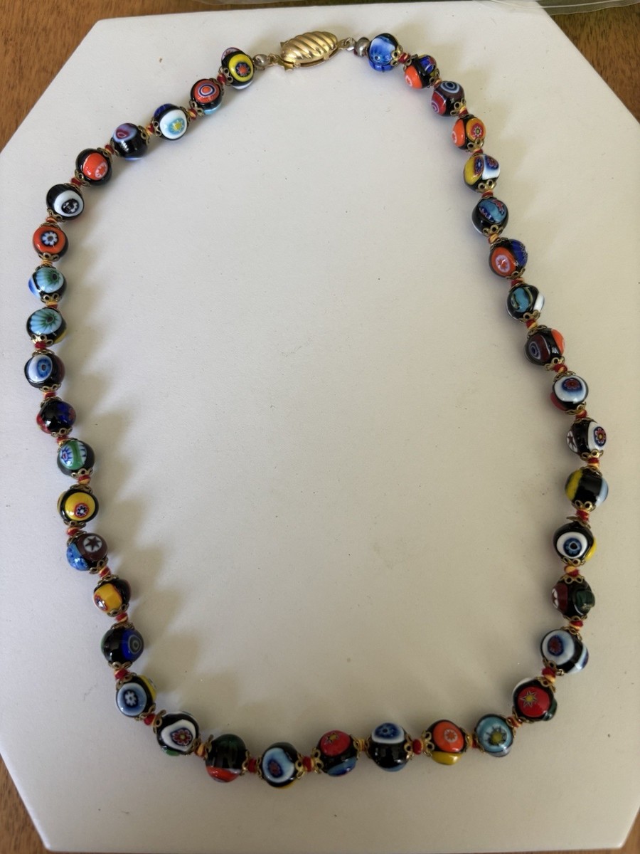Vintage Italian Murano Venetian Millefiori Glass Beaded Necklace 18”