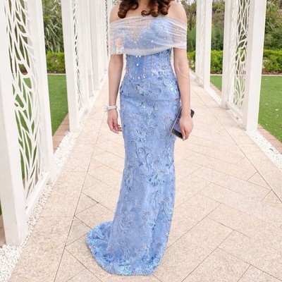 Abendkleid Vintage-Stil blau Perlen | Korsettrücken | Abschlussball / formell