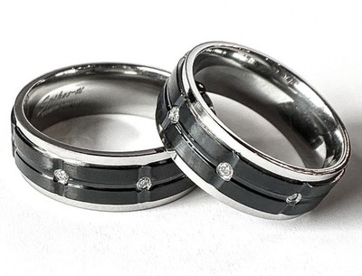 Titanium Black IP Center Groove w/ CZ Gems Ring Band Size9,10,11,12,13,14(FL138)