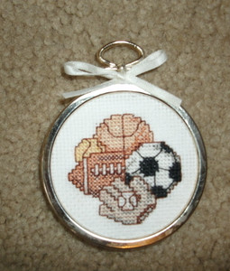 Finished completed cross stitch base soccer basket foot ball Christmas ornament