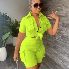 Streetwear Two Piece Set for Women Summer Outfits Pockets Short Sleeve