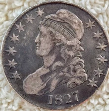 1827 "Square Base 2" Capped Bust Silver Half Dollar 50C AU - Un-Cleaned